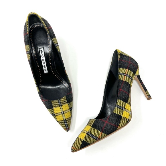 Manolo Blahnik Shoes - Manolo Blahnik BB Yellow Black Plaid Tartan Pointed Toe Heels Pumps Shoes 39 9